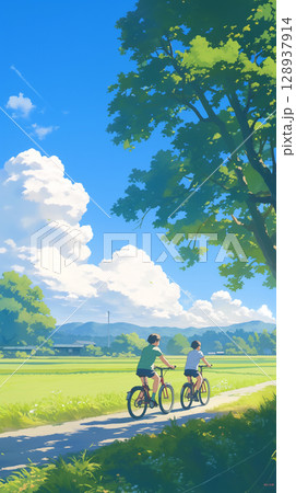 夏の田舎を舞台に描かれる、笑顔の学生カップルが走るアニメ風自転車旅。青空、白い雲、緑、麦わら帽子 夏の田舎を舞台に描かれる、笑顔の学生カップルが走るアニメ風自転車旅。青空、白い雲、緑、麦わら帽子 128937914