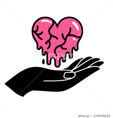 Black Hand Holding Cracked, Melting Pink Heart Black Hand Holding Cracked, Melting Pink Heart 128938020