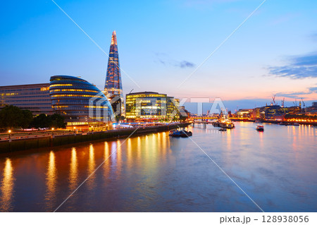 London skyline sunset City Hall and financial 128938056