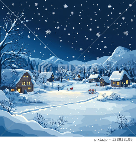 serene winter wonderland night scene with cozy cottages rural village countryside blanketed in snow twinkling stars snowfall snowflakes with trees mountains nature with blue sky in background charming 128938199
