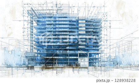 Architectural sketch drawing blueprint blue tone modern design building structure constriction lines perspective use for engineering concept illustration exterior framework detailed innovative layout 128938228