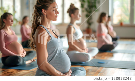 Pregnant woman group yoga calm mindfulness relaxation meditation breathing exercise prenatal in fitness studio heathy balance maternity lifestyle stretching poses lifestyle support community body mats 128938248