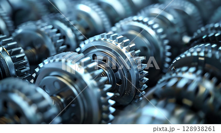 Closeup detail silver metal metallic gear parts industrial machinery shiny reflection texture for precision engineering technology mechanical design equipment workshop tools craftsmanship cog wheel 128938261