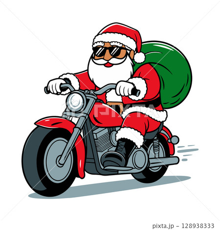 Cartoon Santa Claus Riding a Red Motorcycle with Gift Sack 128938333