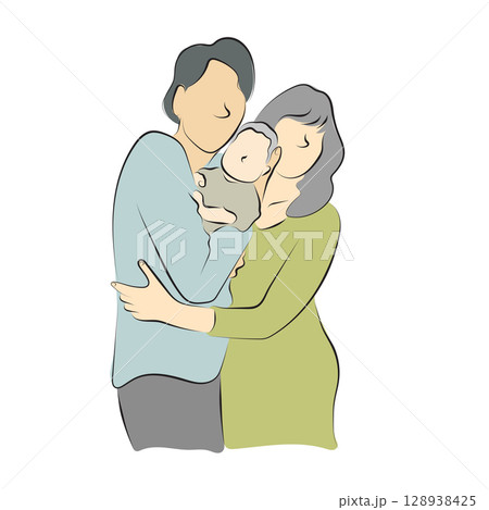 father and mother with newborn baby illustration vector hand drawn with black lines isolated on white background. 128938425