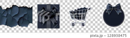 Peeling texture, gift box, shopping cart, and decorative label in dark tones create stylish and modern visual. Perfect for design projects or promotional materials 128938475