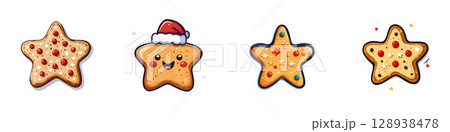 delightful set of festive star shaped cookies, featuring colorful decorations and cheerful Santa hat. Perfect for holiday celebrations! 128938478