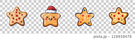 delightful set of festive star shaped cookies, featuring colorful decorations and cheerful Santa hat. Perfect for holiday celebrations! 128938478