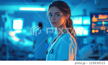 Nurse doctor healthcare professional wearing blue scrub in hospital medical working dedication for her patient care outcome clinical improvement emergency staff monitoring treatment support wellness 128938525