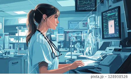 Nurse doctor healthcare professional medical worker staff wearing blue scrubs in hospital using computer monitoring for patient illness information data analysis to caring clinical outcome improvement 128938526