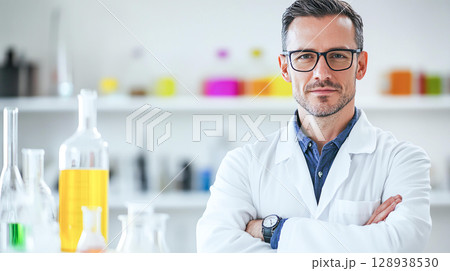 Scientist white coat white clear laboratory glassware experiment equipment chemistry biology medical technology innovation data analysis academic clinical modern clean workspace confident expression 128938530