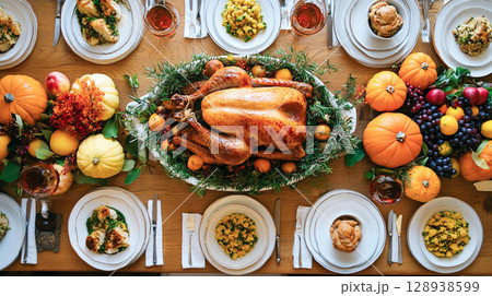Beautifully Thanksgiving Christmas Happy New Year holiday seasonal celebration dinner table with roasted turkey pumpkins fruits delicious side dishes for family time gathering together good memories 128938599