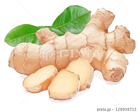 Fresh ginger root with green leaves on white background, showcasing its natural texture and color. This versatile ingredient is often used in cooking and herbal remedies, adding flavor and health 128938715