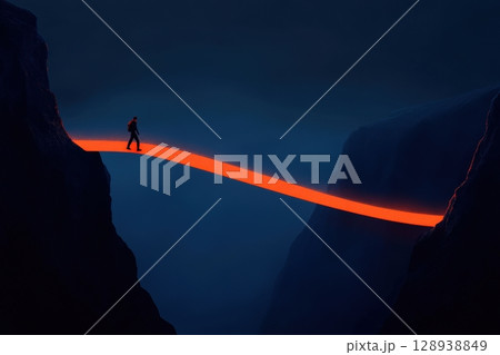 A daring explorer navigates a perilous glowing rope bridge suspended high above a vast canyon surrounded by towering mountain peaks and an expansive night sky 128938849