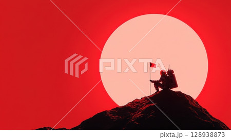 A team of astronauts planting a glowing flag on a distant rocky landscape silhouetted against a vibrant red sunset or sunrise in the sky 128938873