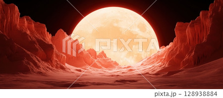 Massive Glowing Orange Planet Rising Over a Rocky Red Alien Landscape 128938884