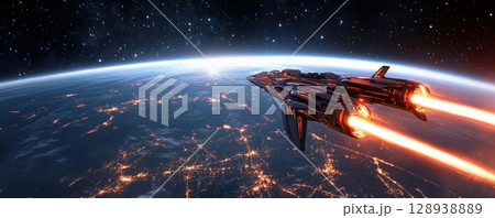 Futuristic Spaceship Soaring Over a Glowing Cityscape at Night 128938889