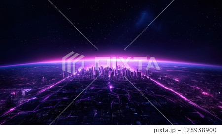 Futuristic Cityscape at Dawn: Purple and Pink Horizon with Glowing Skyscrapers 128938900