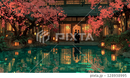 日本の伝統美とロマンチックな空間が広がる結婚式場の幻想イラスト、灯籠に照らされた和装の新郎新婦 日本の伝統美とロマンチックな空間が広がる結婚式場の幻想イラスト、灯籠に照らされた和装の新郎新婦 128938995
