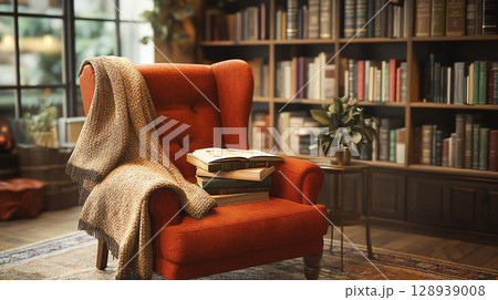 Cozy reading nook in bookshop with red armchair books and blanket Perfect for book lovers seeking quiet space library literature decorated by wooden furniture in vintage design storytelling 128939008