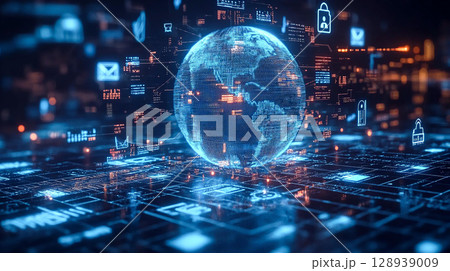 futuristic style of digital globe surrounded by glowing data patterns and cyber symbols technology cyber connectivity for 3d abstract background in technology network concept 128939009