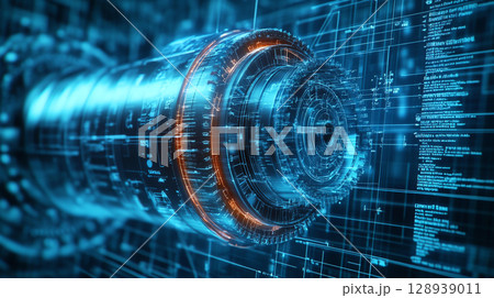 close up view of futuristic mechanical turbine engine, showcasing intricate details and glowing elements, set against digital background. design emphasizes technology and innovation 128939011