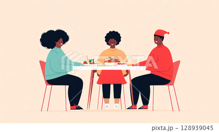 joyful family gathering around beautifully set Christmas Thanksgiving New Year dining table enjoying festive meal together warm atmosphere is enhanced by holiday decorations and delicious food 128939045