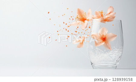 in a minimalist scene, a clear glass is positioned on a reflective surface. within the glass, shimmering water droplets cling to the sides, creating a sense of dynamic movement 128939158