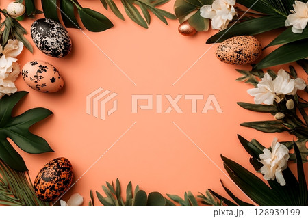 Vibrant Easter eggs decorated with spring flowers and lush green foliage creating a festive and natural frame against a pastel background 128939199