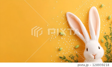 Closeup shot of a fluffy white rabbit with long pink ears set against a vibrant yellow background with green foliage and natural elements 128939218