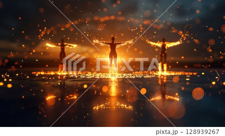 Three glowing figures stand in a circle, surrounded by light and energy. 128939267
