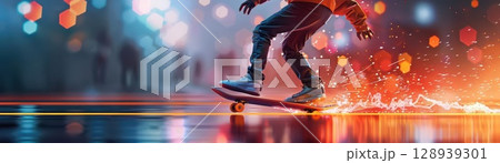 Skateboarder in a neonlit park, holographic ramps, bright colors, pop art, digital painting 128939301