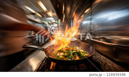 Dynamic First-Person View of Sauteing Vegetables in a Professional Kitchen 128939386