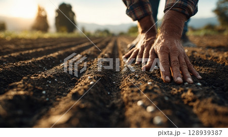 Farmer's Hands Planting Seeds in Sunlit Field, Close-Up Perspective 128939387