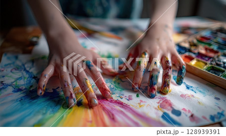 First-Person View of Hands Painting Rainbow with Watercolors in Kids' Art Style 128939391