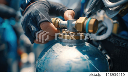 Close-up of Hands Adjusting Oxygen Tank Valve in Hazardous Zone Gear 128939410