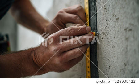 First-Person View of Hands Marking Wall with Chalk Line for Precise Drilling 128939422
