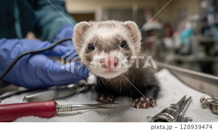 First-Person View of Ferret on Exam Table with Veterinary Tools 128939474