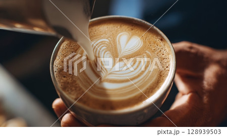 First-Person View of Latte Art Heart Pattern with Milk Froth and Barista Skill 128939503