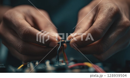 First-Person View of Hands Threading Wire Through Circuit Connector for Micro Repair 128939504