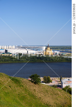 Sunrise Aerial View of Alexander Nevsky Cathedral and Stadium at Strelka in Nizhny Novgorod Sunrise Aerial View of Alexander Nevsky Cathedral and Stadium at Strelka in Nizhny Novgorod 128939608