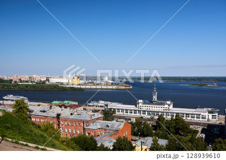 Morning Aerial View of Volga Shipping Company and Cathedra  in Nizhny Novgorodl 128939610