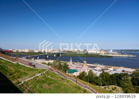 Morning Aerial View of Churches and Kanavinsky Bridge in Nizhny Novgorod 128939619