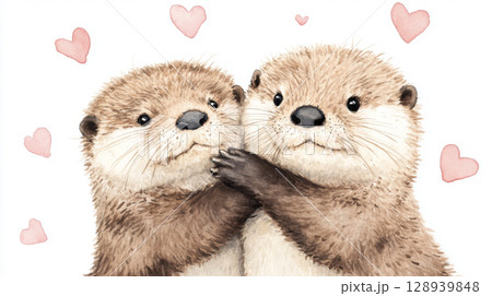 Otter couple embracing with floating hearts on pink background, St Valentines Day postcard Otter couple embracing with floating hearts on pink background, St Valentines Day postcard 128939848