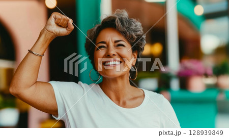 Mature woman in office with raised fist of empowerment, strength and women solidarity, International Womens Day concept 128939849