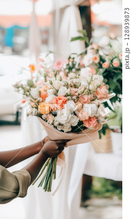 Bouquet of stunning flowers held by African American woman, Mothers day concept postcard 128939873