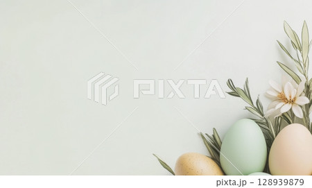 Easter pastel eggs and green leaves on soft background 128939879