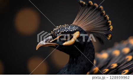 Elegant Dark Peacock Head with Gold Accents and Sparkling Details on Blurred Background Elegant Dark Peacock Head with Gold Accents and Sparkling Details on Blurred Background 128939962
