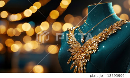 Ornate Gold Necklace with Gemstones on Teal Mannequin with Bokeh Lights 128939964