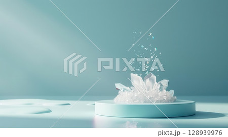 3D podium with crystal elements, translucent, glowing, isolated 128939976